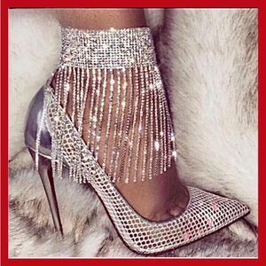 New silver simulated diamond tassel chains wrap around ankle bracelet anklet
